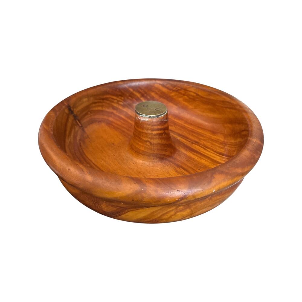 Vintage Turned Wood Nuts or Serving Bowl Brass Cap